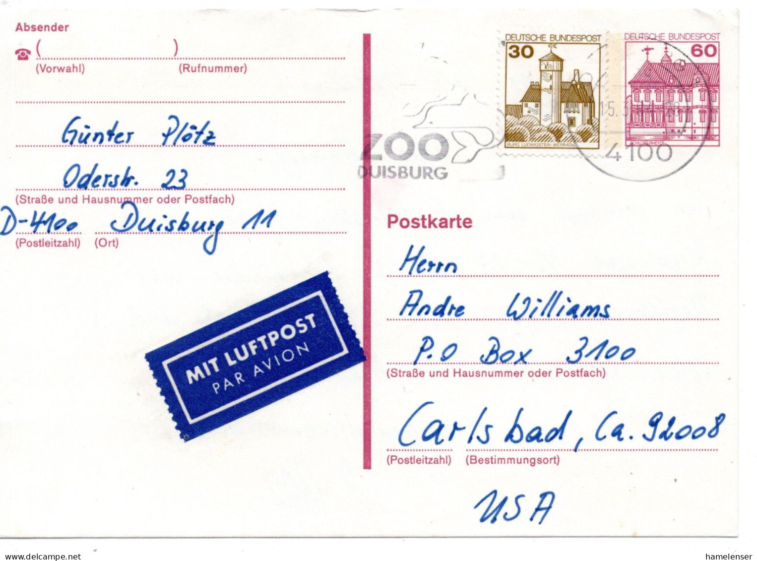 69484 - Bund - 1984 - 60Pfg B&S LpGAKte M ZusFrankatur DUISBURG - ... -> Carlsbad, CA (USA) - Storia Postale