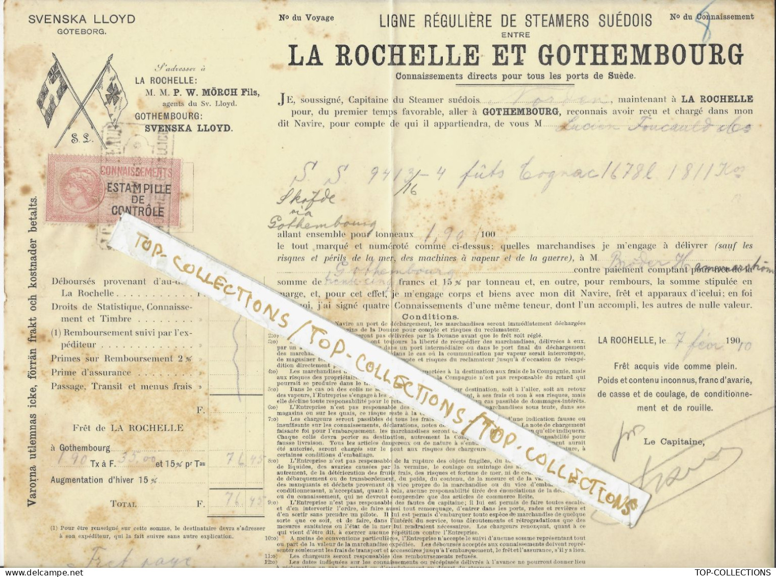 1910 BILL OF LADING CONNAISSEMENT Svenska Lloyd  Suède Steamers Suédois La Rochelle Gothembourg Cognac Lucien Foucauld - 1900 – 1949