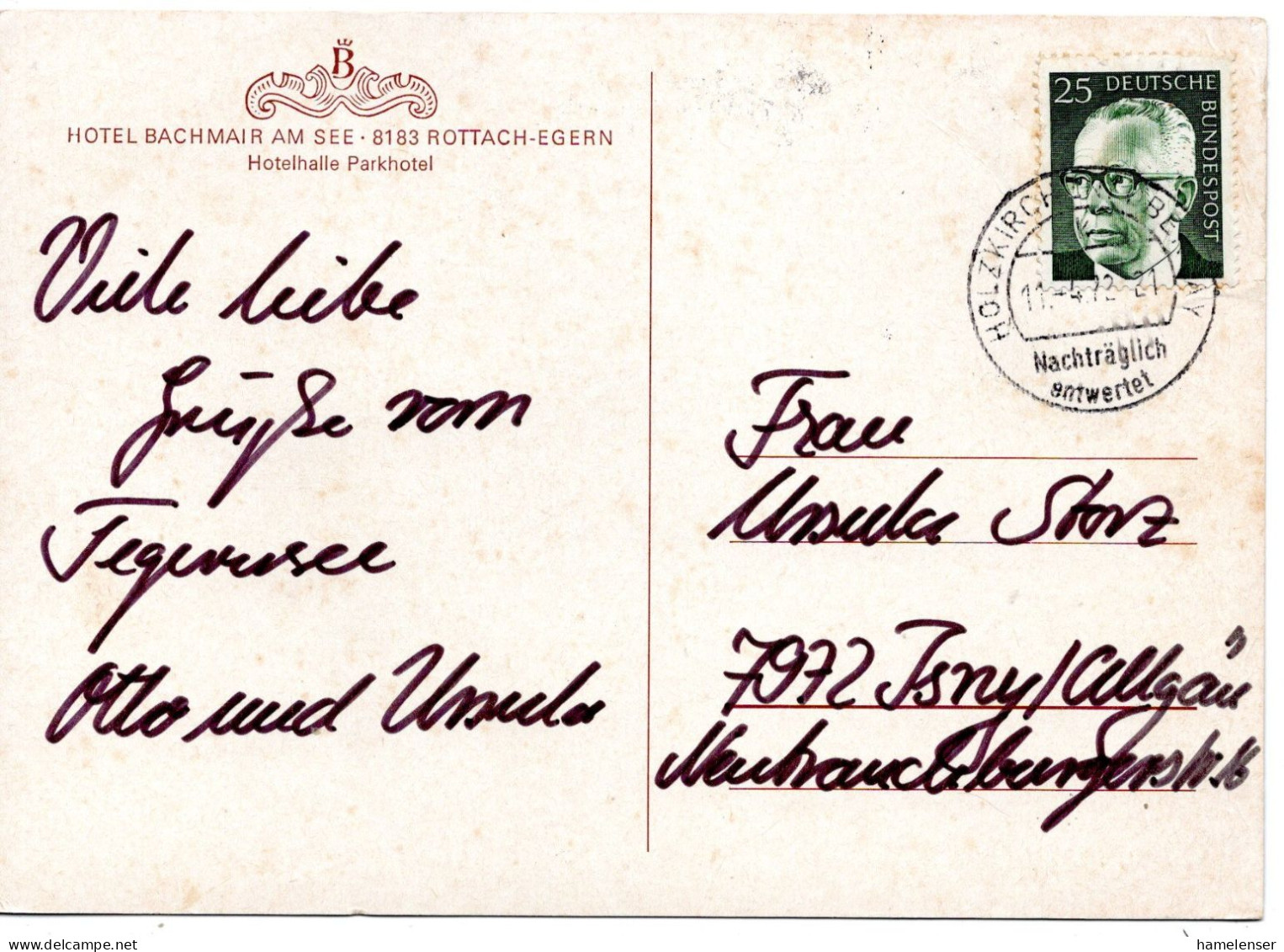 69488 - Bund - 1972 - 25Pfg Heinemann EF A AnsKte Rottach-Egern -> HOLZKIRCHEN - NACHTRAEGLICH ENTWERTET -> Isny - Lettres & Documents