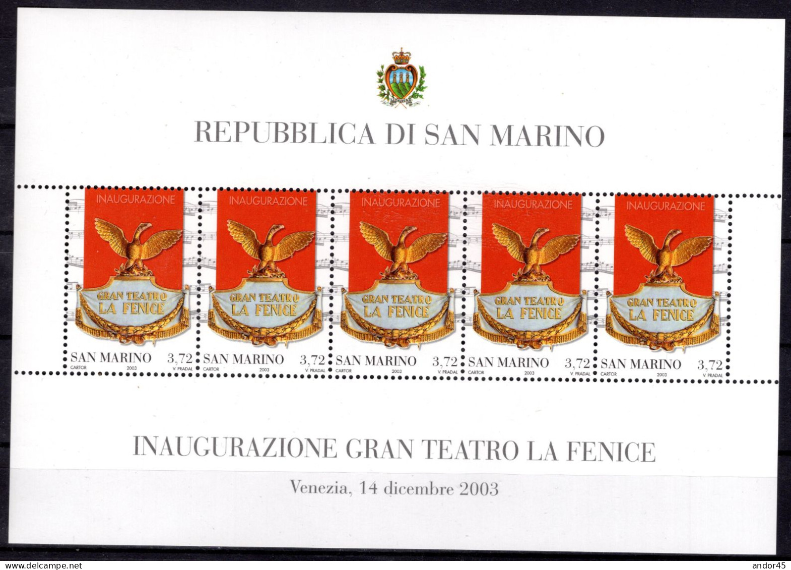 2003 FOGLIETTO DI  5 VALORI -3,72 EURO  SASS: 73 NUOVO CON GOMMA INTEGRA SERIE " LA RIAPERTURA DELLA FENICE DI VENEZIA - Cartas & Documentos