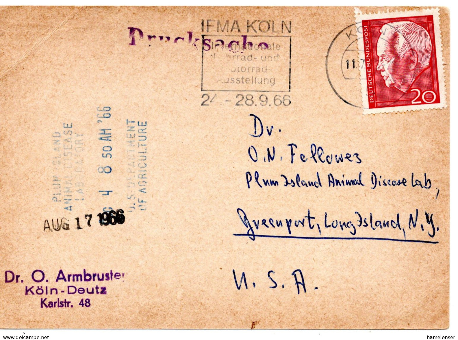 69490 - Bund - 1966 - 20Pfg Luebcke EF A DrucksKte KOELN - ... -> Long Island, NY (USA) - Covers & Documents