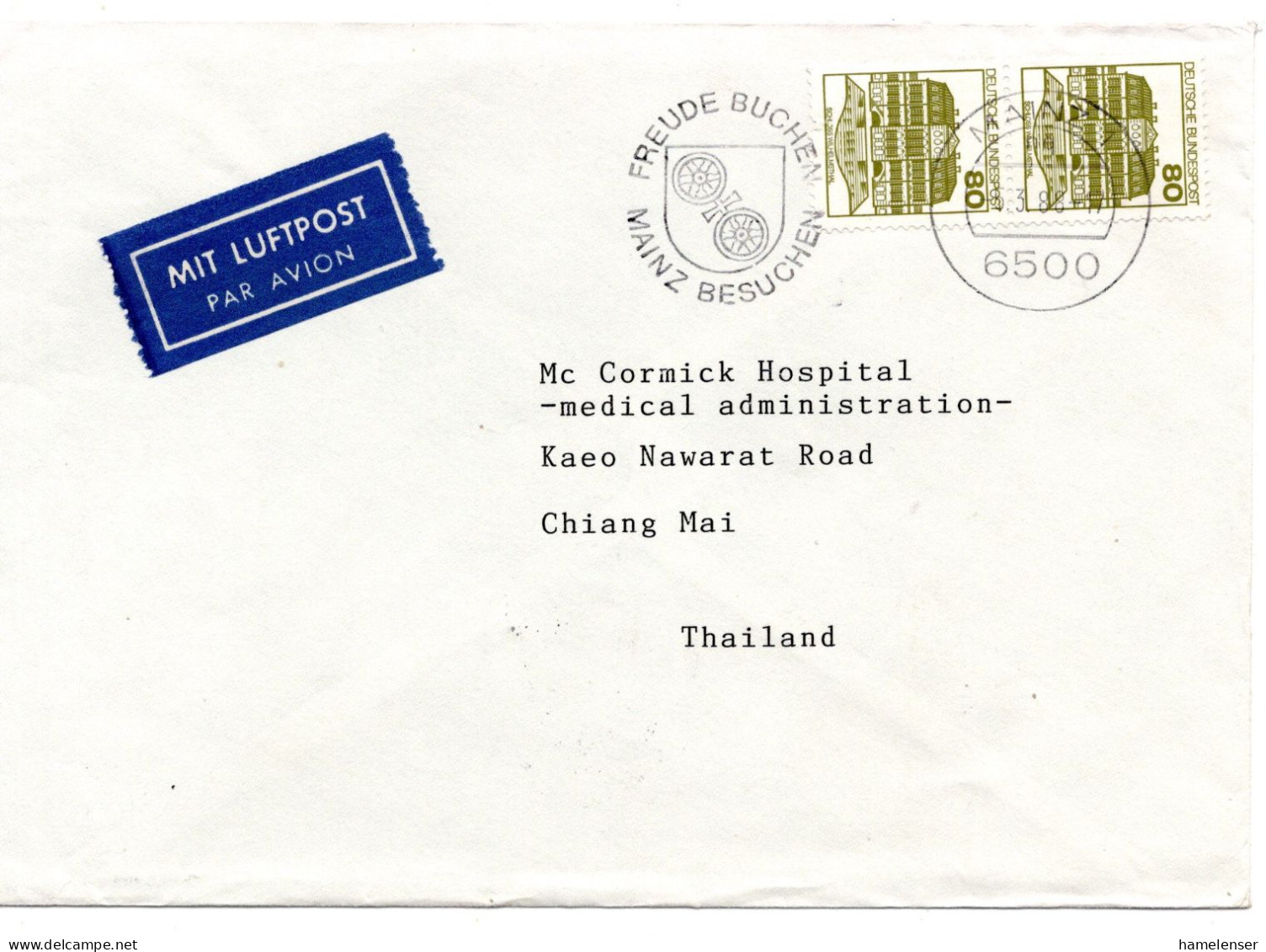 69491 - Bund - 1986 - 2@80Pfg B&S A LpBf MAINZ - ... -> CHIANG MAI (Thailand) - Lettres & Documents