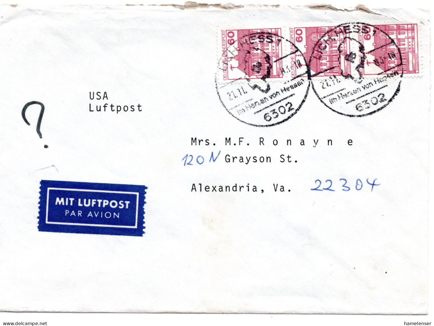 69498 - Bund - 1983 - 3@60Pfg B&S A LpBf LICH -> Alexandria, VA (USA) - Covers & Documents