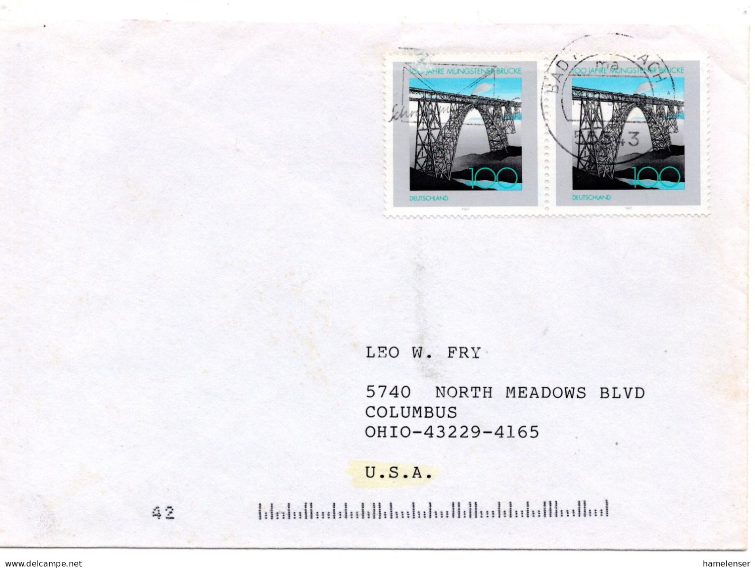 69503 - Bund - 1998 - 2@100Pfg Muengstener Bruecke A Bf BAD KREUZNACH - ... -> Columbus, OH (USA) - Cartas & Documentos