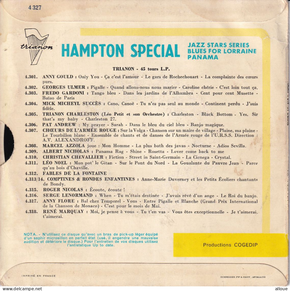 LIONEL HAMPTON - HAMPTON SPECIAL - FR EP - BLUES FOR LORRAINE + PANAMA - Instrumentaal