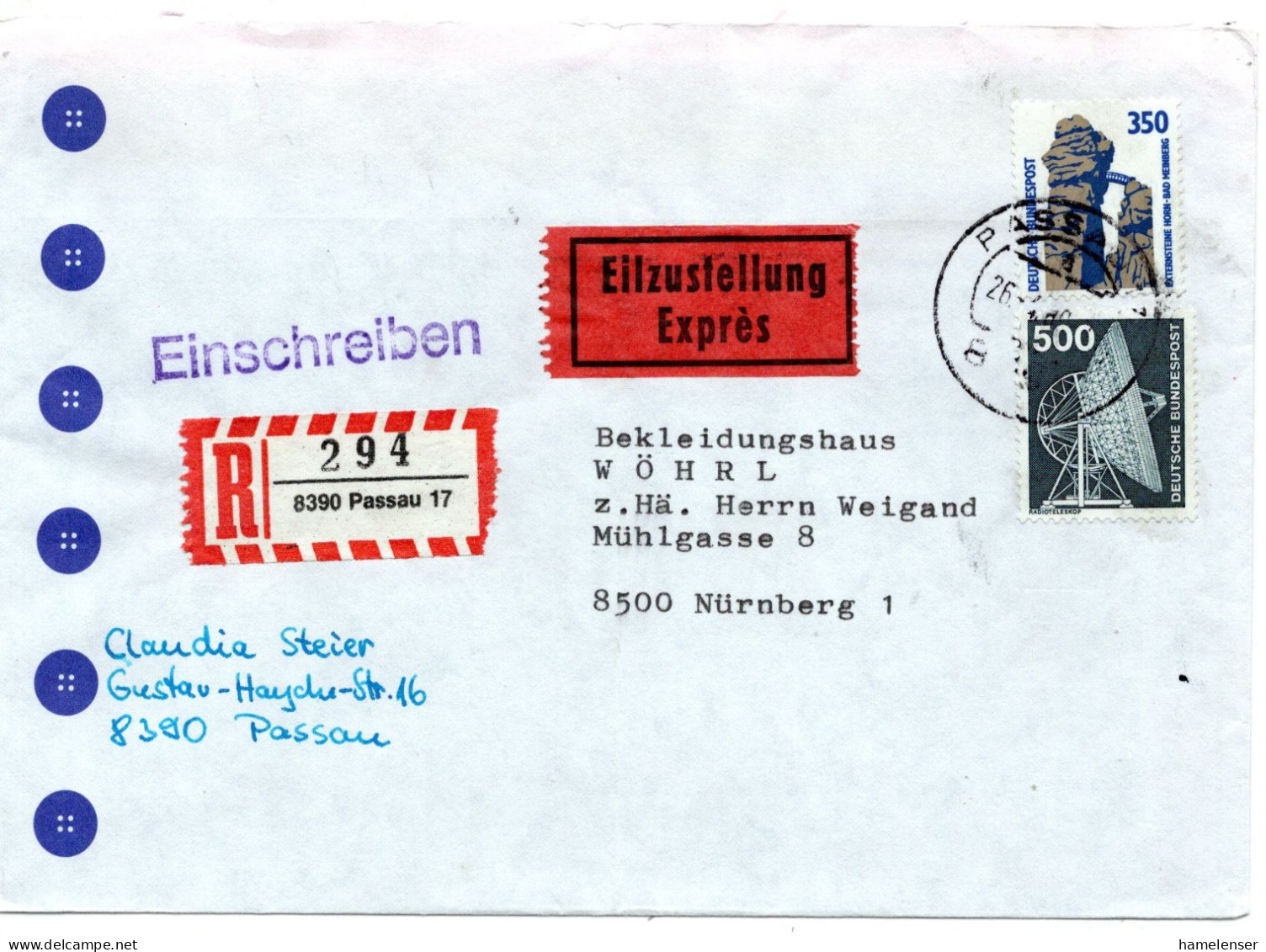 69514 - Bund - 1989 - 500Pfg I&T MiF A R-EilBf (rs Klappe Fehlt) PASSAU -> NUERNBERG - Cartas & Documentos