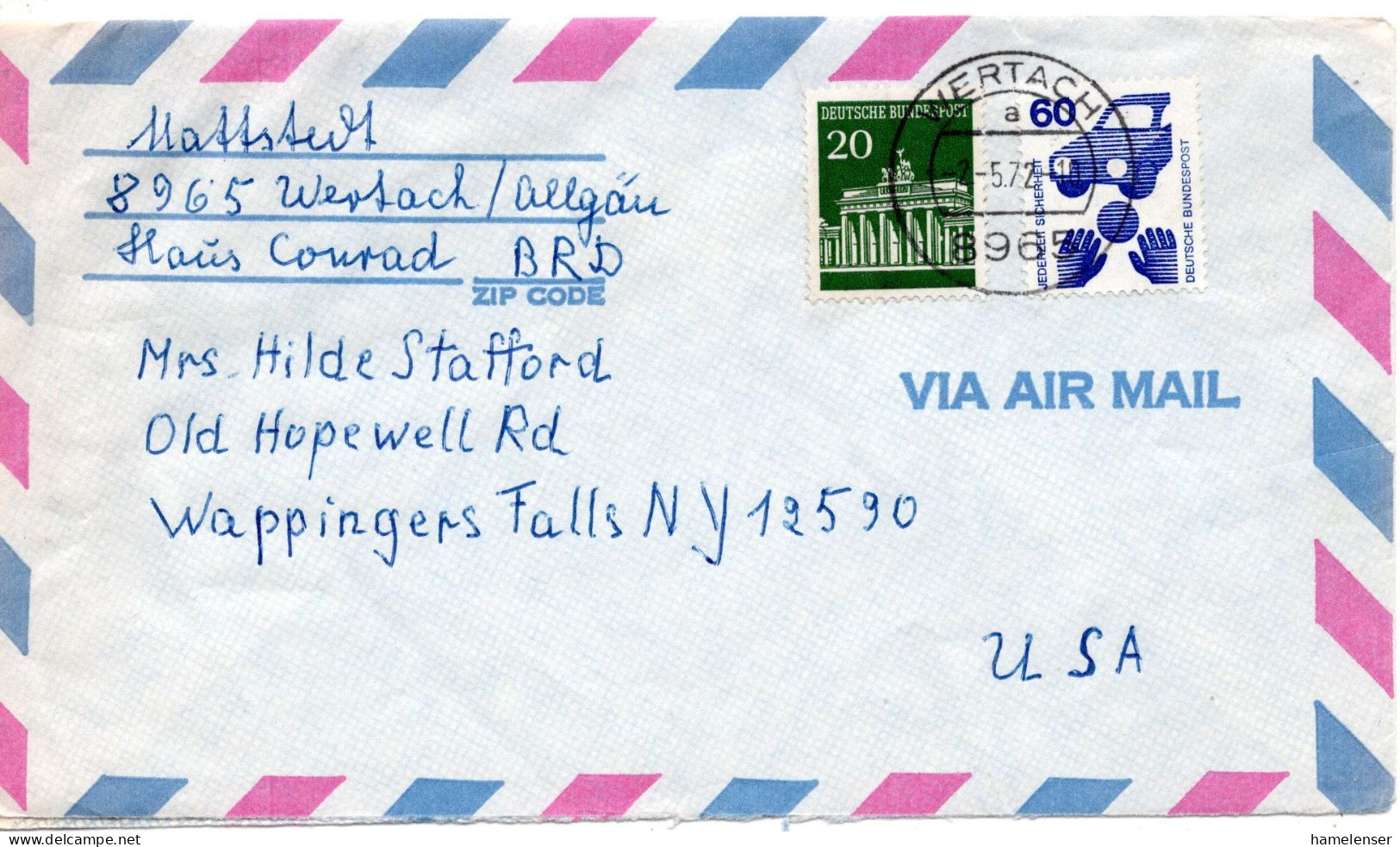 69516 - Bund - 1972 - 60Pfg Unfall MiF A LpBf WERTACH -> Wappingers Falls, NY (USA) - Storia Postale