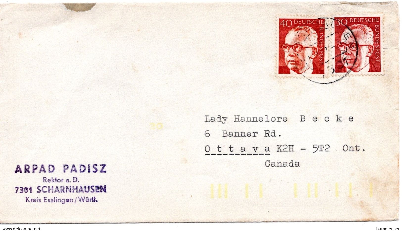 69517 - Bund - 1974 - 40Pfg Heinemann MiF A Bf SCHARNHAUSEN -> Ottawa, ON (Canada) - Lettres & Documents