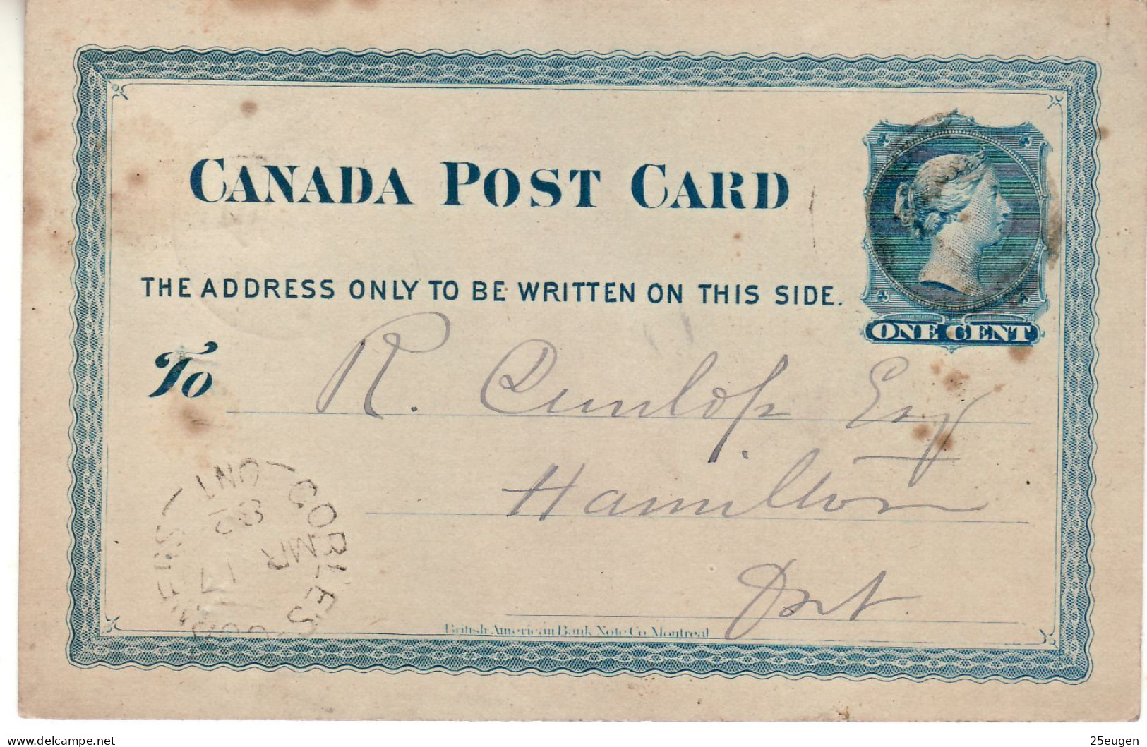 CANADA 1882  POSTCARD SEND FROM GOBLES TO HAMILTON - Covers & Documents