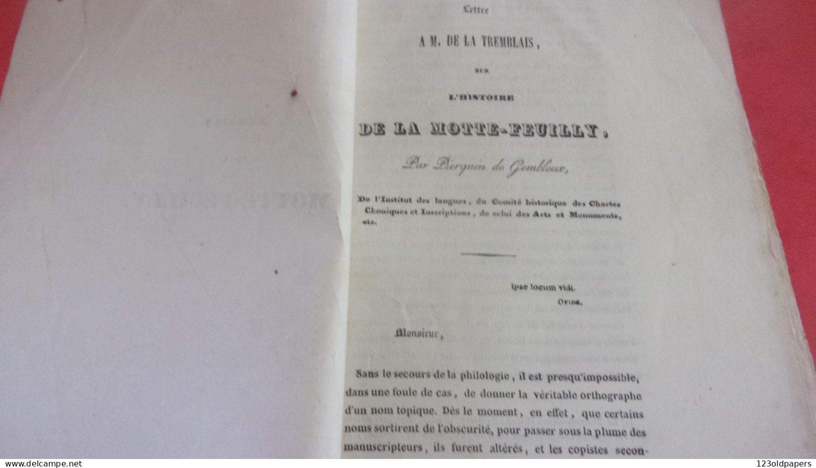 BERRY INDRE XIXEME LETTRE A M DE LA TREMBLAIS SUR L HISTOIRE DE LA MOTTE FEUILLY PRS LA CHATRE PIERQUIN GEMBLOUX - Historical Documents