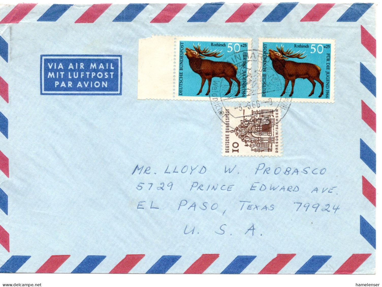 69518 - Bund - 1966 - 2@50Pfg Rothirsch MiF A LpBf MAINHARDT - ... -> El Paso, TX (USA) - Lettres & Documents