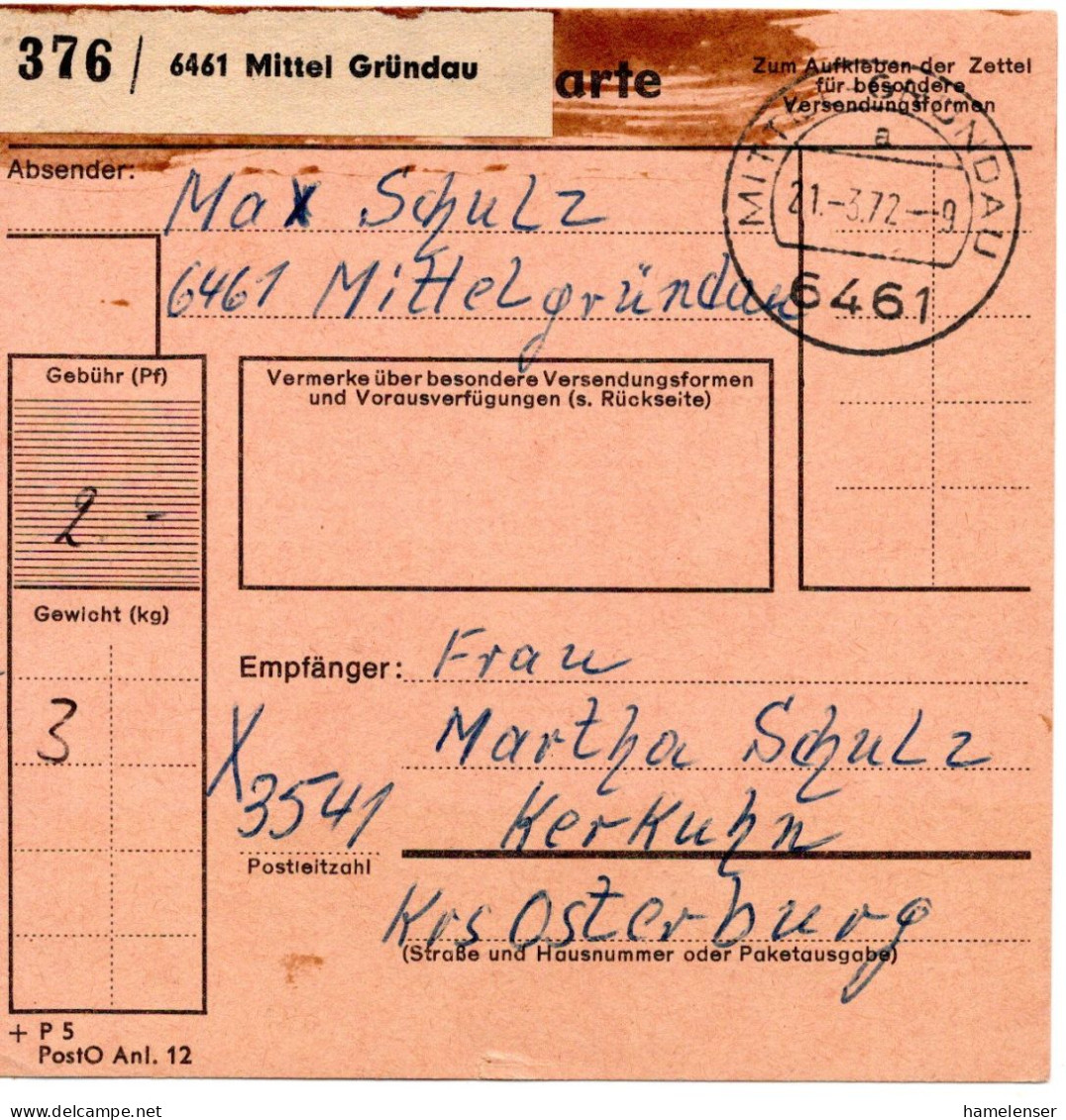 69519 - Bund - 1972 - 2DM Heinemann EF A PaketKte MITTEL GRUENDAU -> DDR - Storia Postale