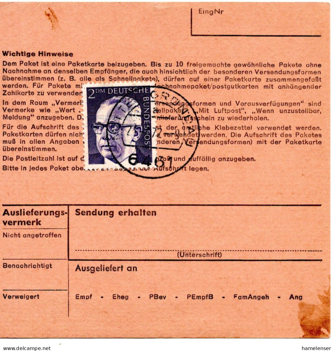 69519 - Bund - 1972 - 2DM Heinemann EF A PaketKte MITTEL GRUENDAU -> DDR - Lettres & Documents