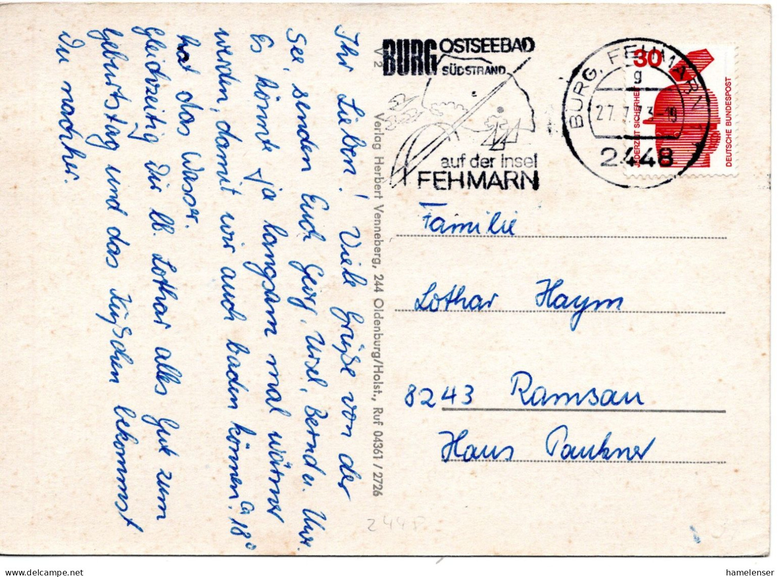 59615 - Bund - 1972 - 30Pfg Unfall EF A AnsKte BURG - ... OSTSEEBAD ... -> Ramsau - Lettres & Documents