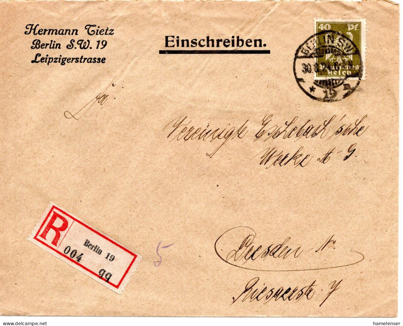 59617 - Deutsches Reich - 1924 - 40Pfg Adler EF A R-Bf BERLIN -> DRESDEN - Briefe U. Dokumente