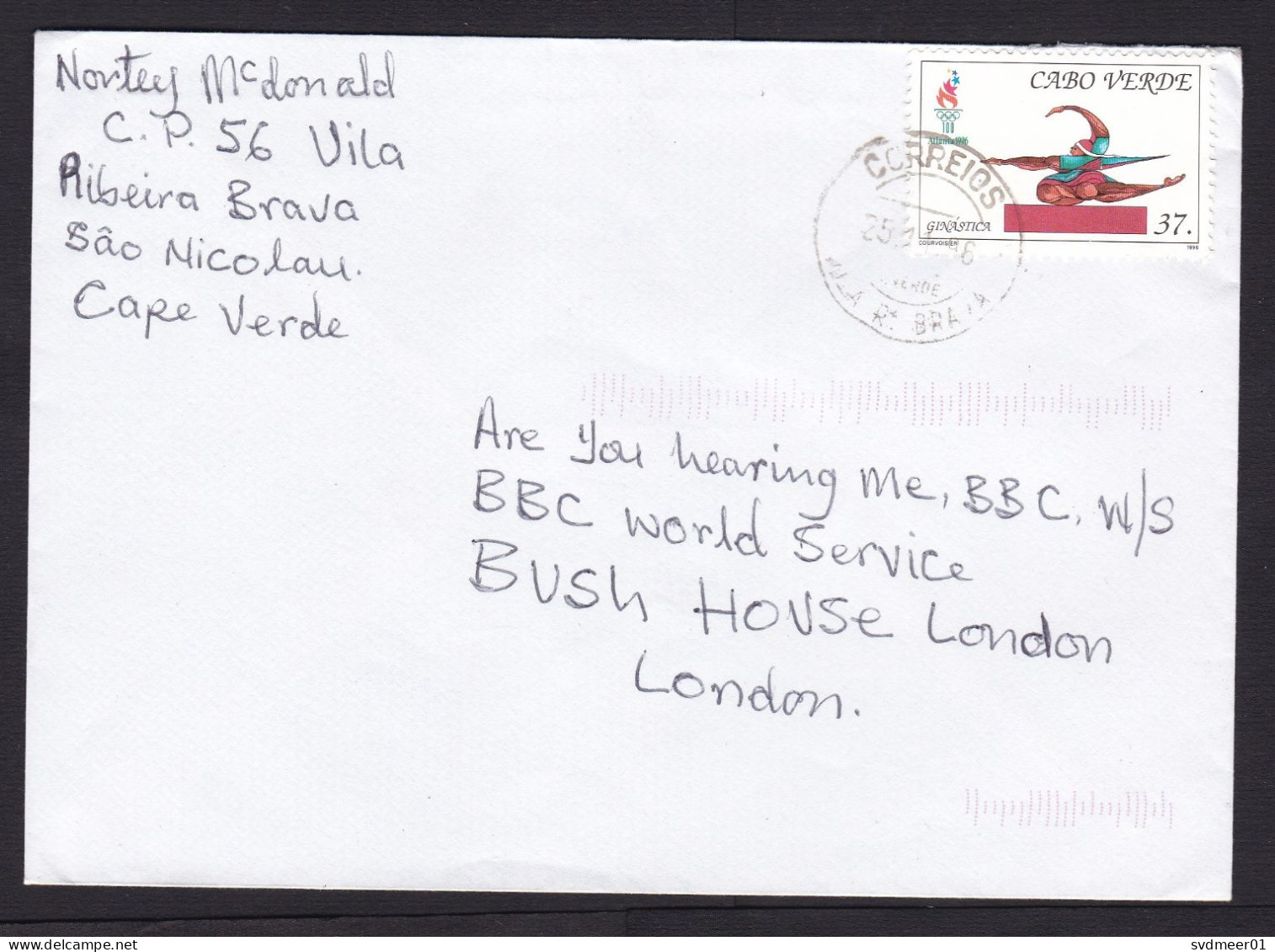 Cabo Verde: Cover To UK, 1996, 1 Stamp, Olympics, Sports, Gymnastics (minor Damage At Back) - Cap Vert