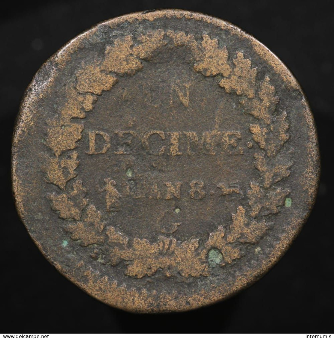 Rare : France, 1 Décime, AN 8-G, Geneve, Cuivre (Copper), B (VG), KM#, G.187a ,F.129/45 - 1792-1975 Convention (An II – An IV)
