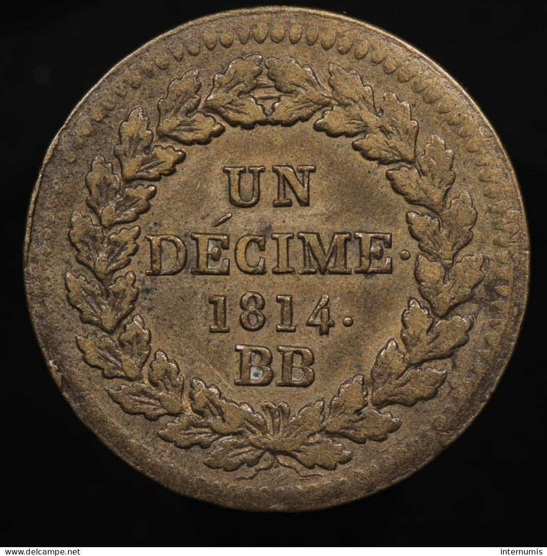 France, Napoleon I, 1 Décime, 1814. BB, Strasbourg, Bronze, TTB+ (EF), KM#, G.195b, F.131/3 - 1814 Siège D’Anvers