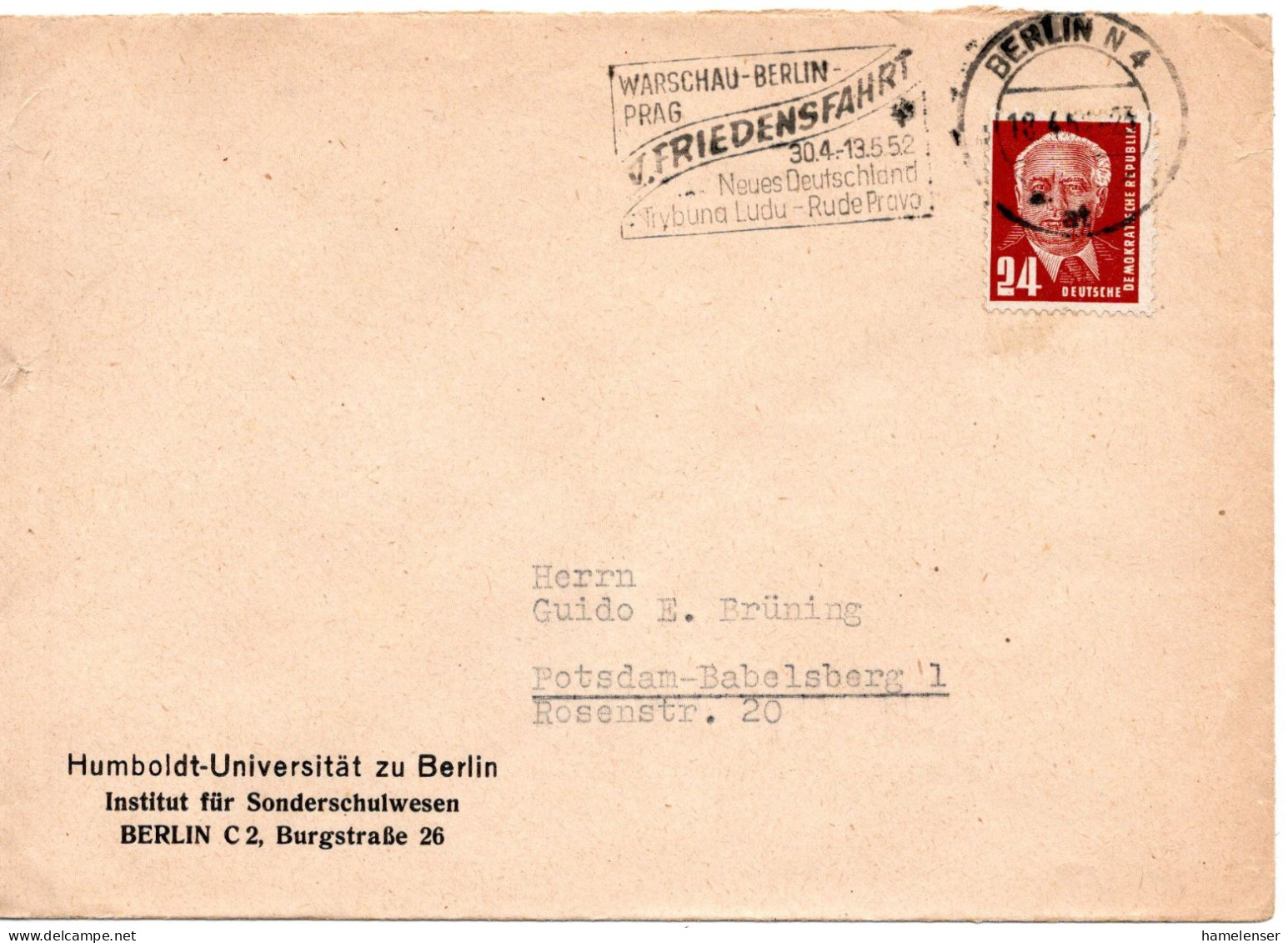 59629 - DDR - 1952 - 24Pfg Pieck EF A Bf BERLIN - ... V.FRIEDENSFAHRT ... -> Potsdam - Cycling