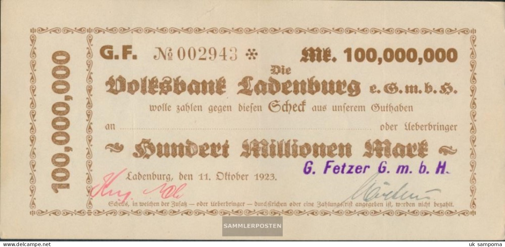 Ladenburg Scheck The City Ladenburg Used (III) 1923 100 Million Mark - 100 Mio. Mark