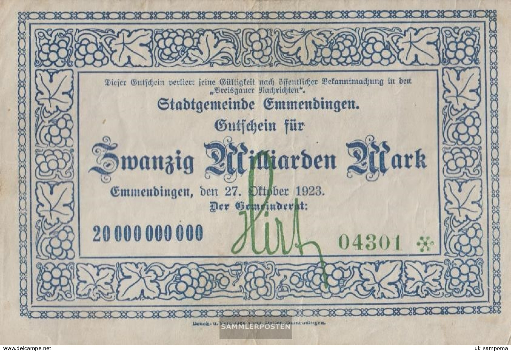 Emmendingen Inflationsgeld City Emmendingen Used (III) 1923 20 Billion Mark - 20 Mrd. Mark