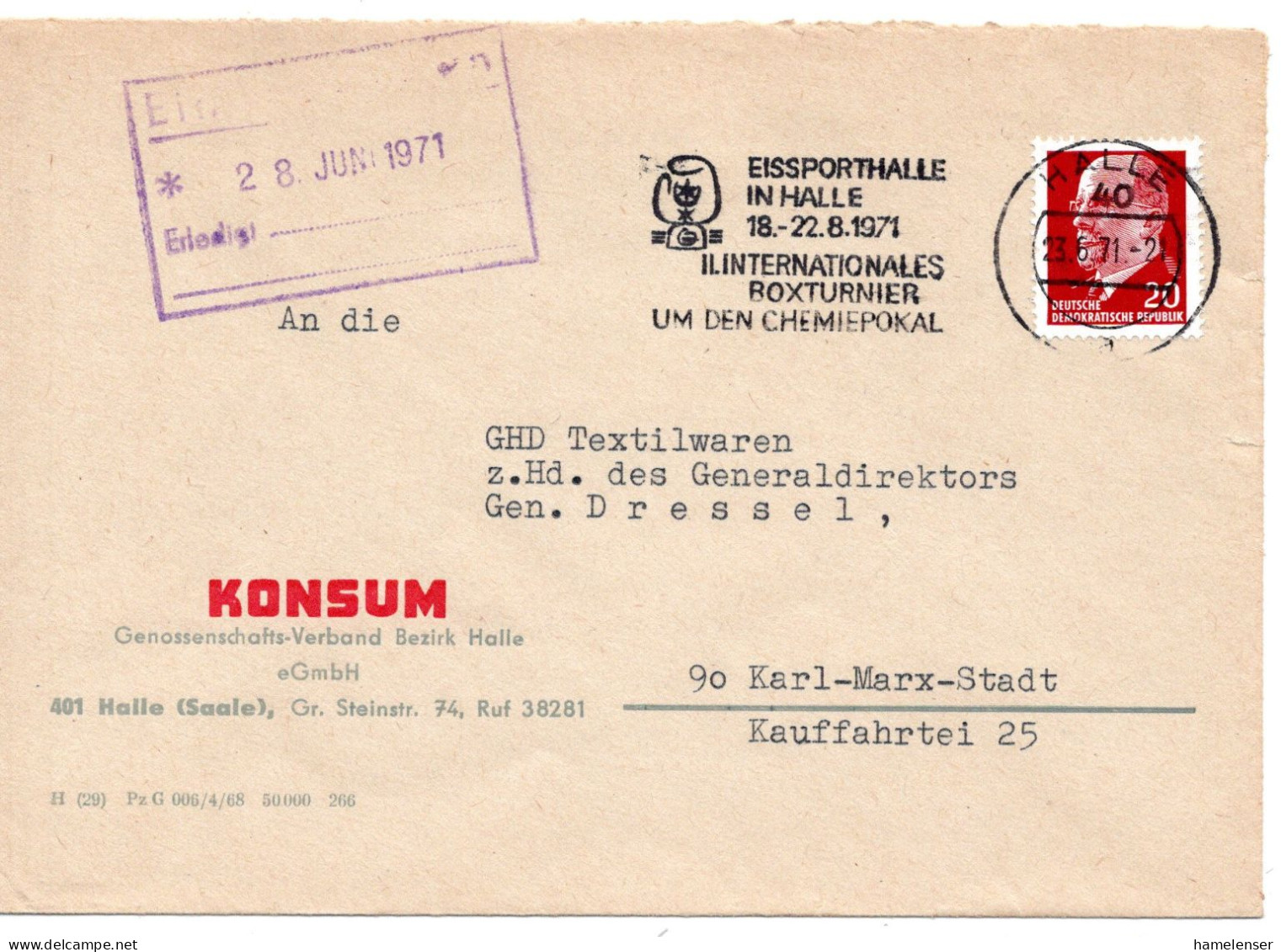 59631 - DDR - 1971 - 20Pfg Ulbricht EF A Bf HALLE - ... BOXTURNIER UM DEN CHEMIEPOKAL -> Karl-Murx-Stadt - Boxe