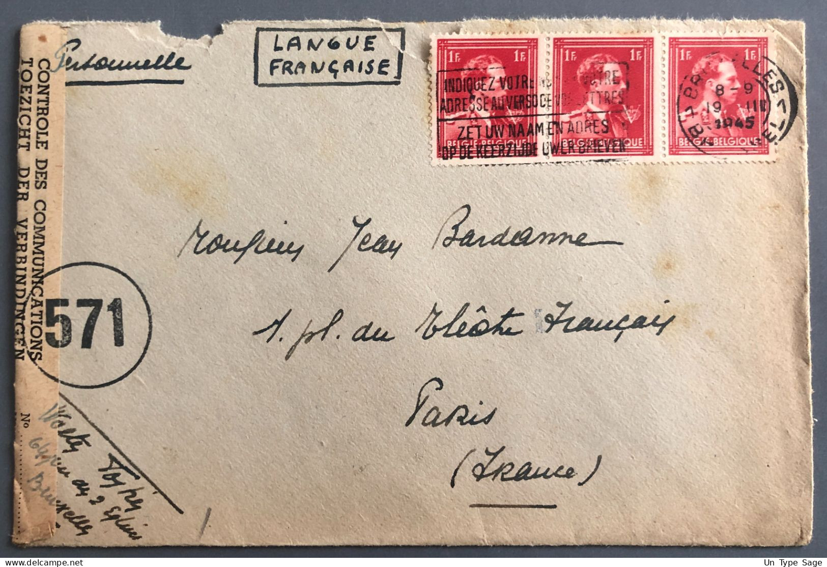 Belgique, Divers Sur Enveloppe De Bruxelles 19.4.1945 + Censure - (W1281) - WW II (Covers & Documents)