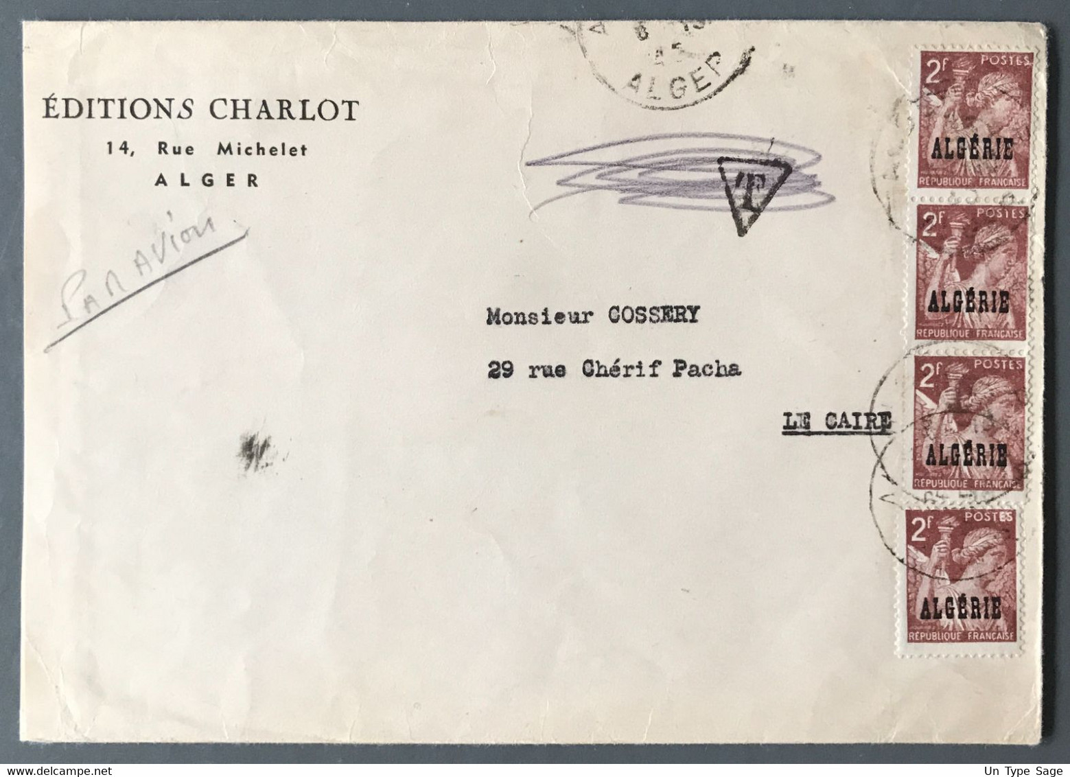 Algérie, Divers Sur Enveloppe Pour Le Caire, Egypte 1945, Taxe Annulée - (W1443) - Lettres & Documents