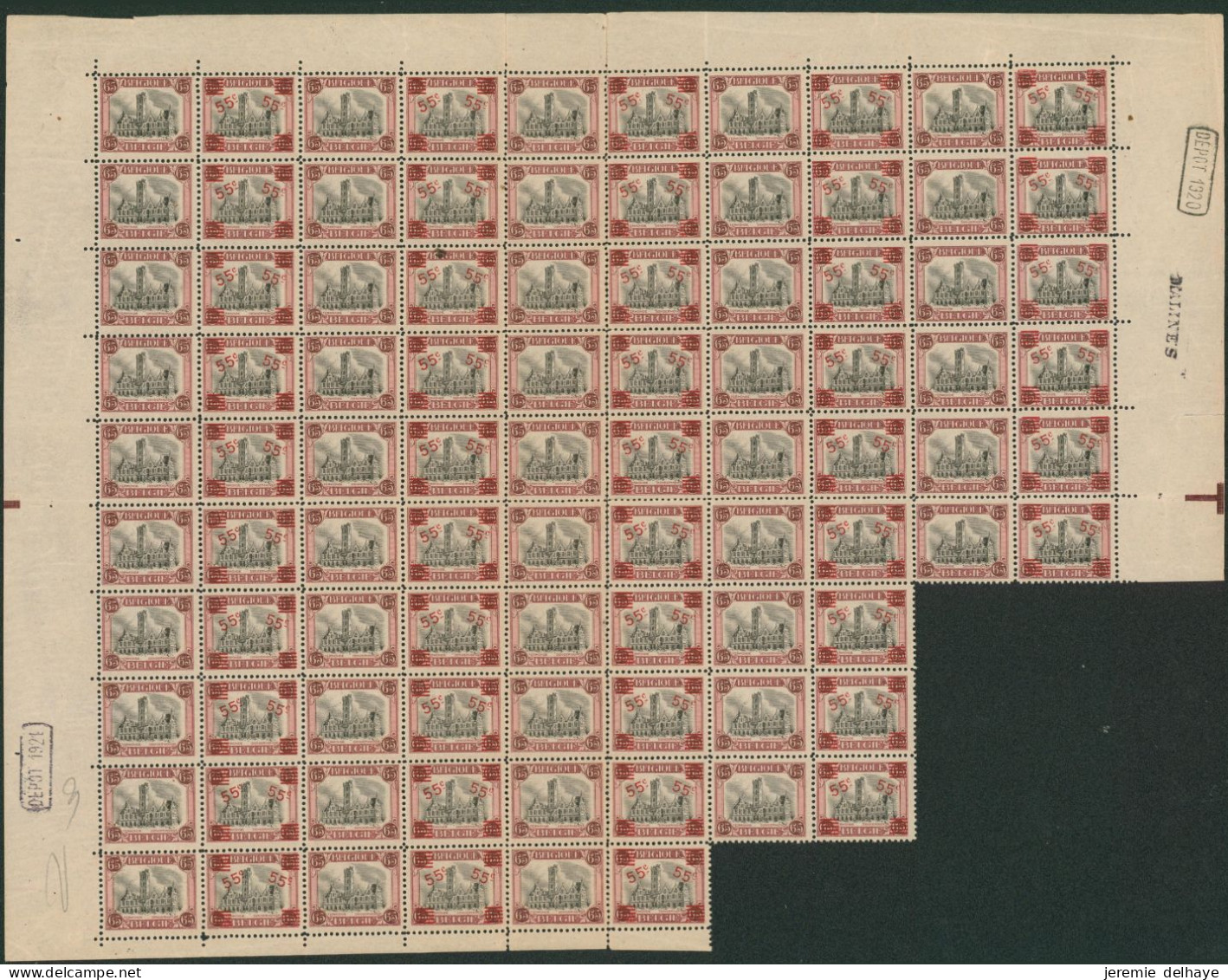 Feuille Incomplète - Dendermonde / Termonde : N°188A Soit 90 Timbres** Inscription Marginales, Fragilisés - ...-1930