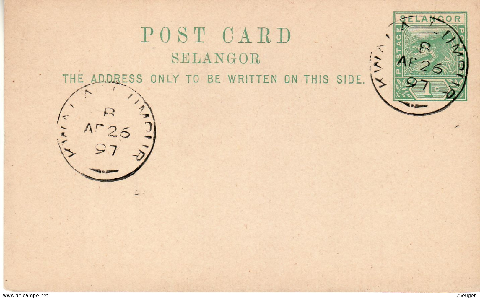 SELANGOR 1897  POSTCARD CANCEL - Selangor