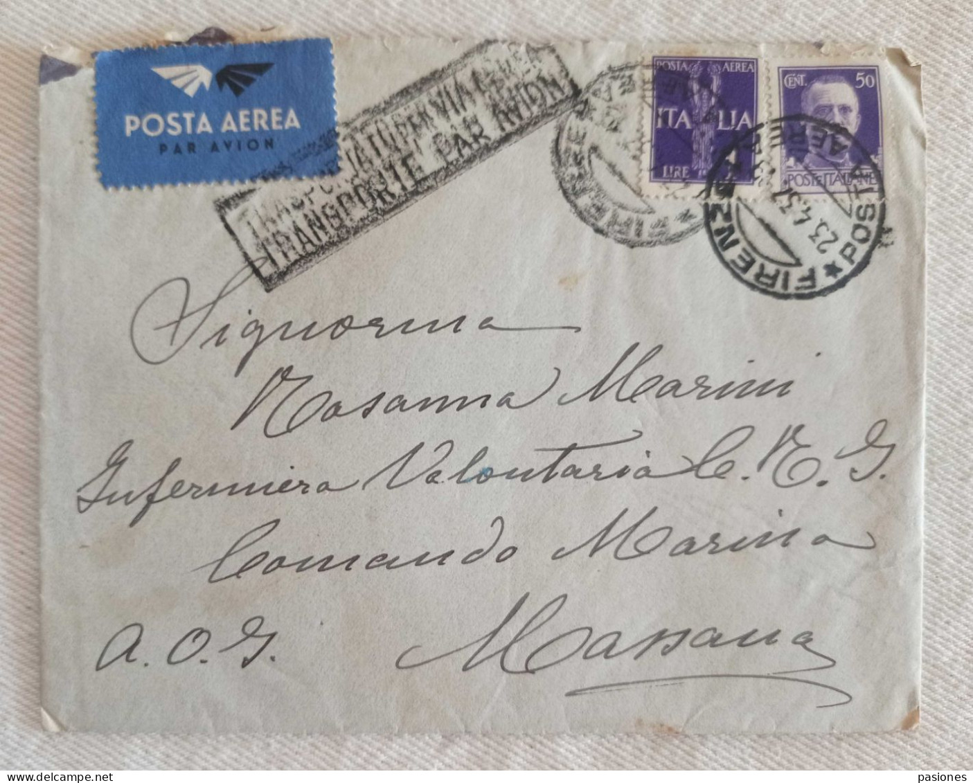 Lettera Per Via Aerea Da Firenze Per Massaua A.O.I. 1937 - Poststempel (Flugzeuge)