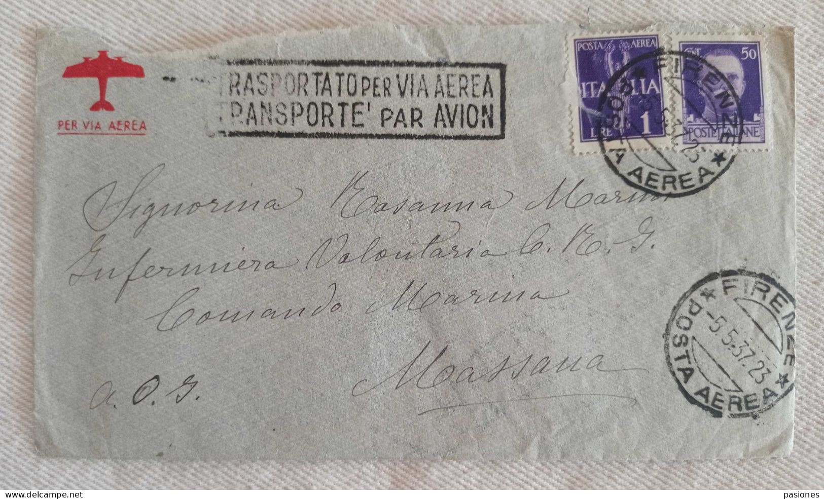 Lettera Per Via Aerea Da Firenze Per Massaua (Eritrea) Comando Marina 1937 - Marcophilia (AirAirplanes)