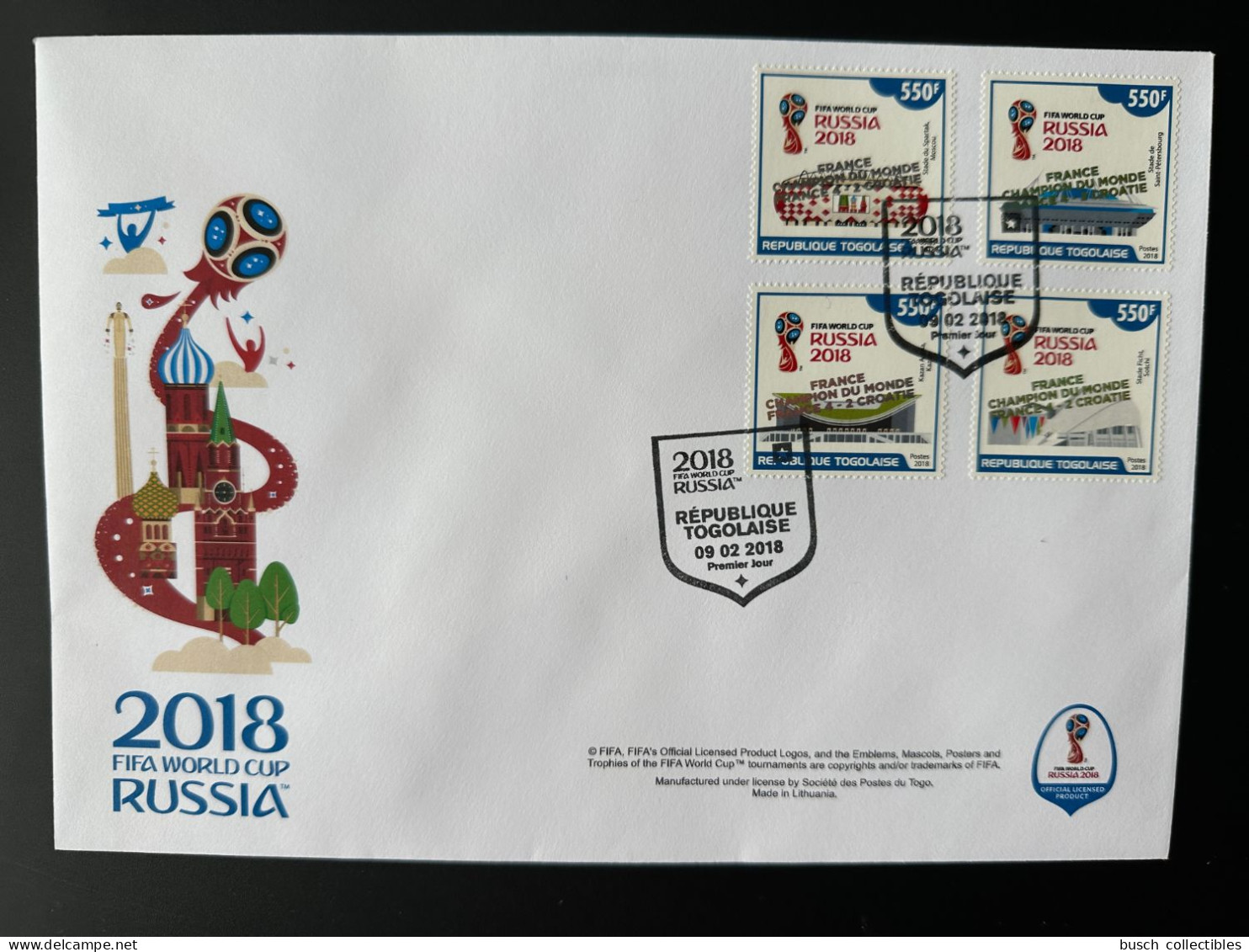 Togo 2018 Mi. ? FDC Surch Ovpt "FRANCE CHAMPION" FIFA World Cup WM Coupe Du Monde Russie Russia Football Fußball Soccer - Togo (1960-...)