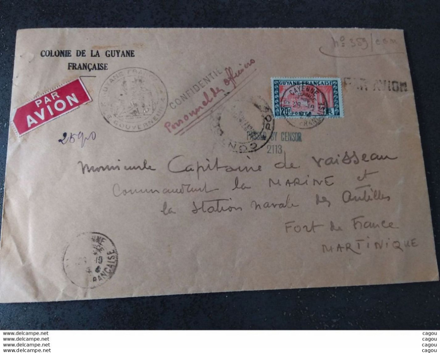 N°132 SEUL SUR LETTRE /AVION DE GUYANE POUR LA MARTINIQUE CACHETS CONTRÔLE POSTAL MARTINIQUE CENSURE ANGLAISE - Brieven En Documenten