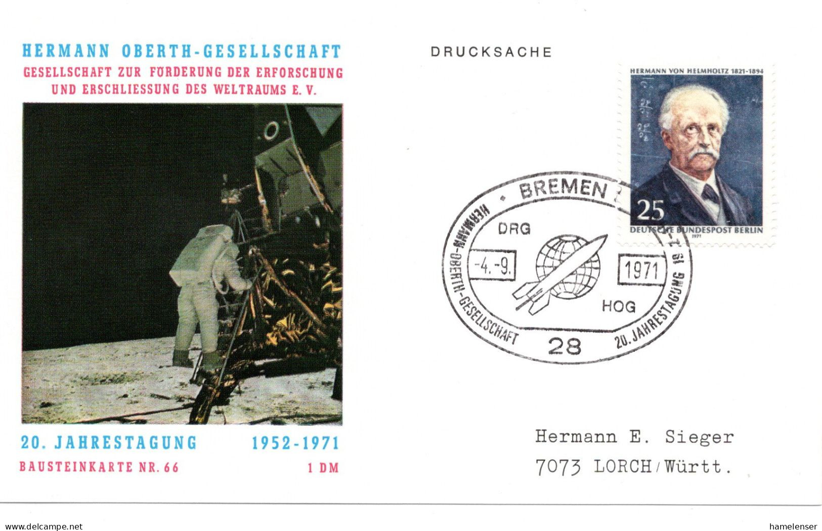59656 - Berlin - 1971 - 25Pfg Helmholtz EF A DrucksKte SoStpl BREMEN - HERMANN-OBERTH-GESELLSCHAFT ... -> Lorch - Europe