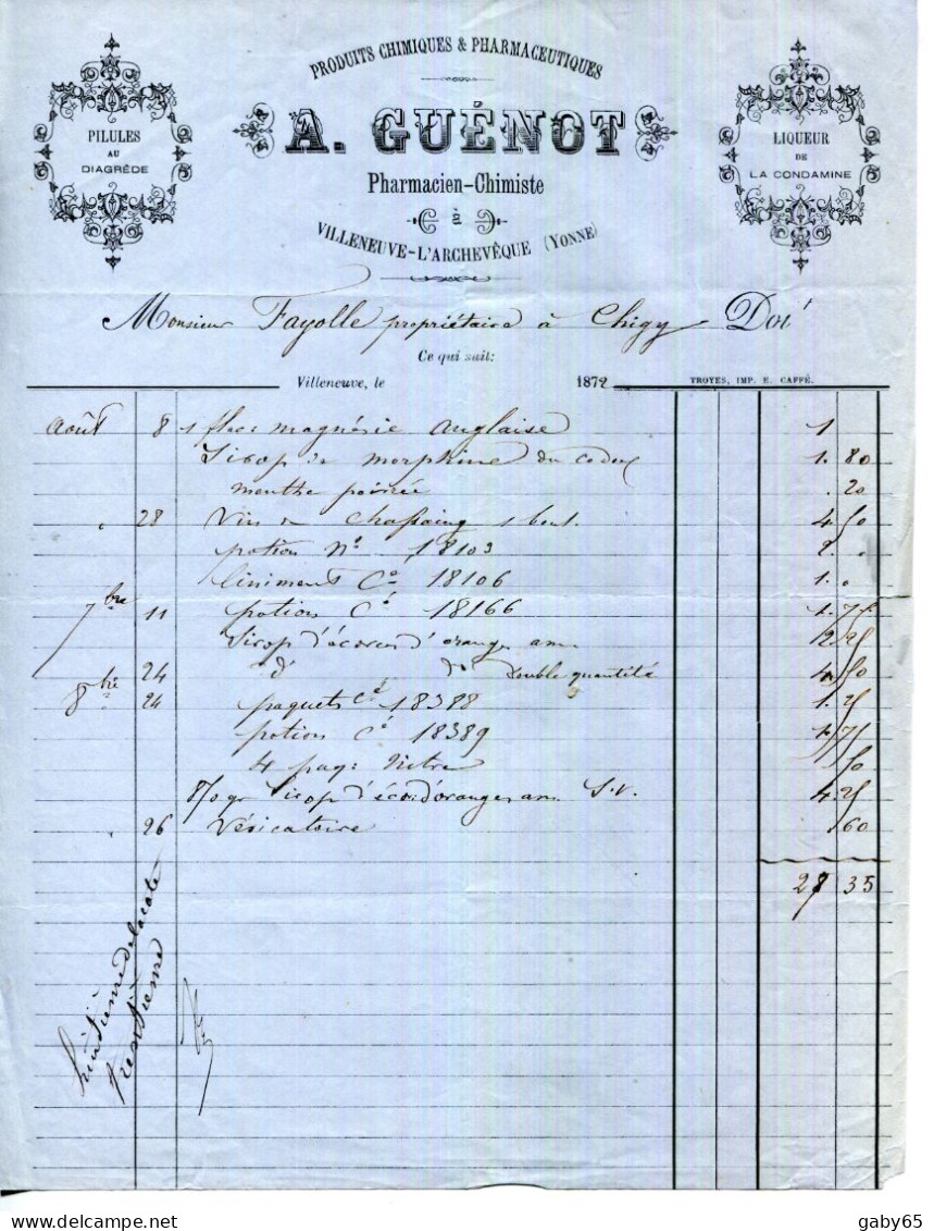 FACTURE.89.YONNE.VILLENEUVE L'ARCHEVEQUE.PRODUITS CHIMIQUES & PHARMACEUTIQUES.A.GUENOT PHARMACIEN-CHIMISTE. - Perfumería & Droguería
