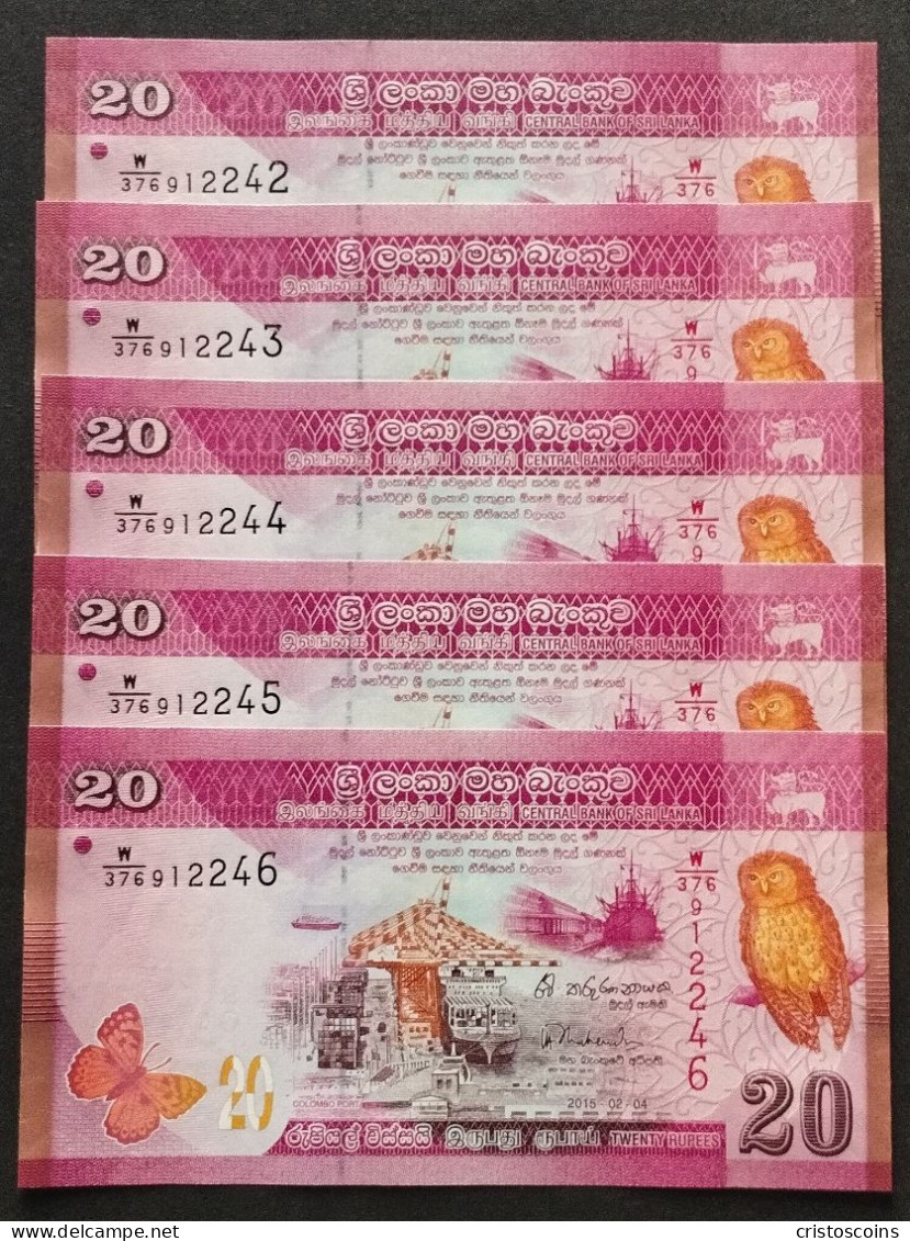 Set 5 Pezzi Sri Lanka 20 Rupees,  Consecutivi 2015, P-123c, UNC(B/1-21 - Sri Lanka