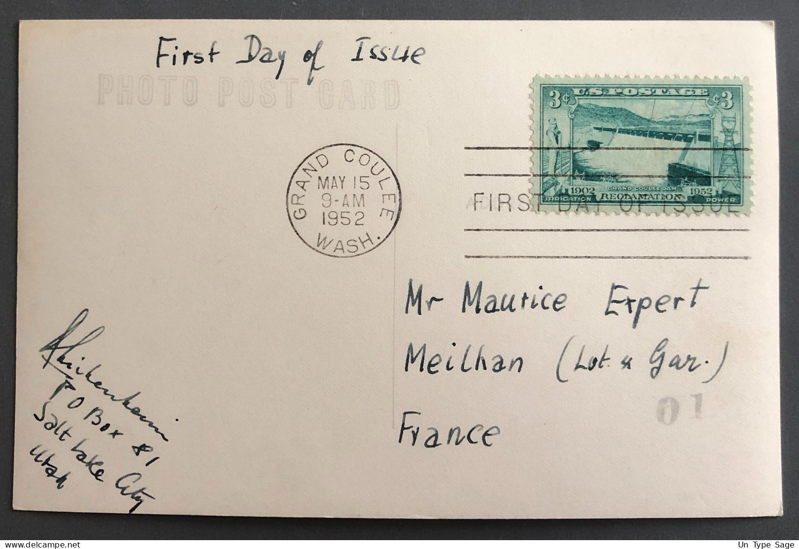 Etats-Unis, First Day Of Issue, Sur Photo Post Card - De Grand Coulée, Wash. 15.5.1952 - (W1323) - 1951-1960