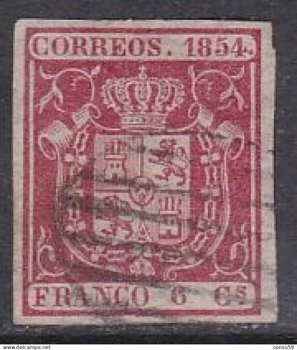 1854-ED. 24 -ESCUDO DE ESPAÑA- 6 CUARTOS CARMÍN-USADO PARRILLA NEGRA - Usados