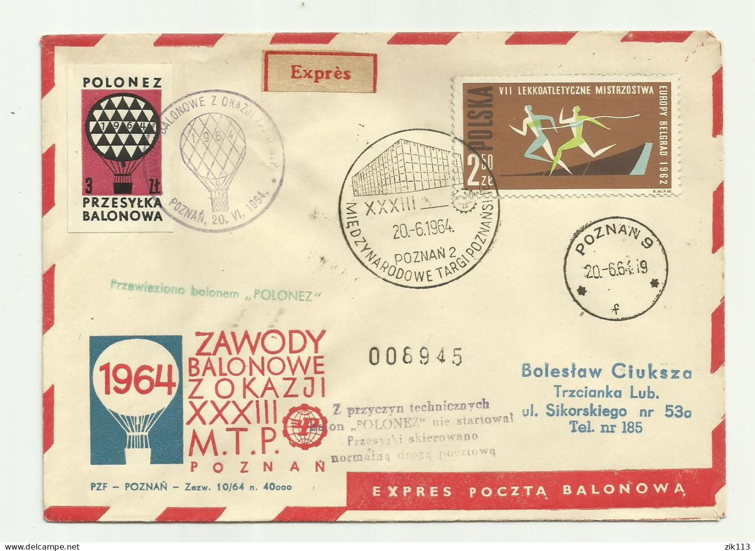 Poland 1964 - Balloon Post - Ballonpost