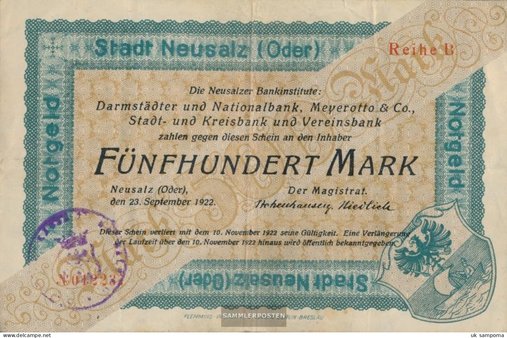 Neusalz Notgeld The City Neusalz (Othe) Used (III) 1922 500 Mark Neusalz - 500 Mark