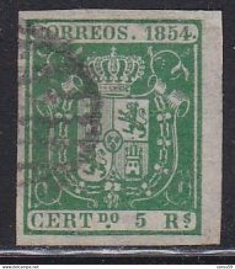 1854-ED. 26 -ESCUDO DE ESPAÑA- 5 REALES VERDE-USADO PARRILLA NEGRA- CERTIFICADO - Usados