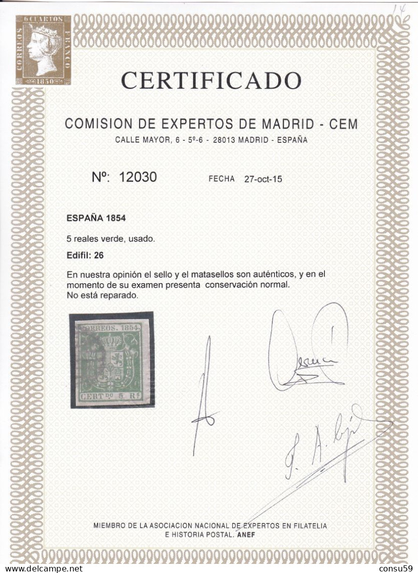 1854-ED. 26 -ESCUDO DE ESPAÑA- 5 REALES VERDE-USADO PARRILLA NEGRA- CERTIFICADO - Usados