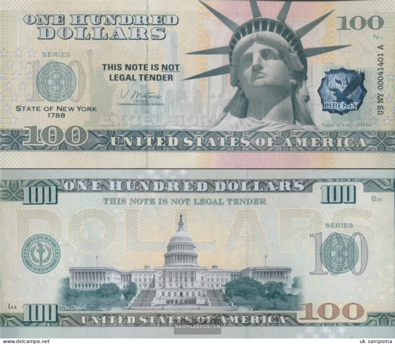 U.S. 100 Dollars Souvenirschein U.S. Uncirculated 2022 US State NEW York Freiheitsstatue - Altri & Non Classificati
