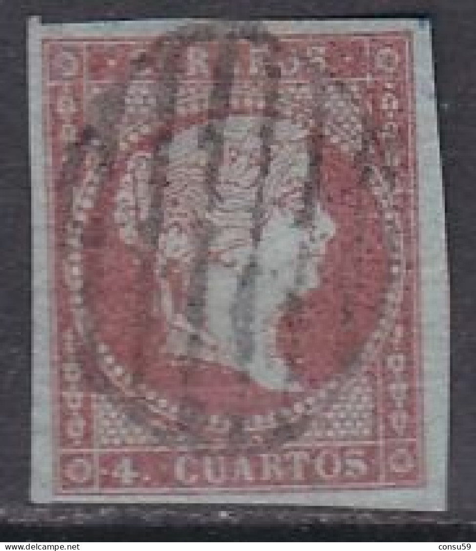 1855-ED. 40 ISABEL II FILIGRANA LAZOS 4 CUARTOS ROJO-USADO PARRILLA NEGRA - Usados