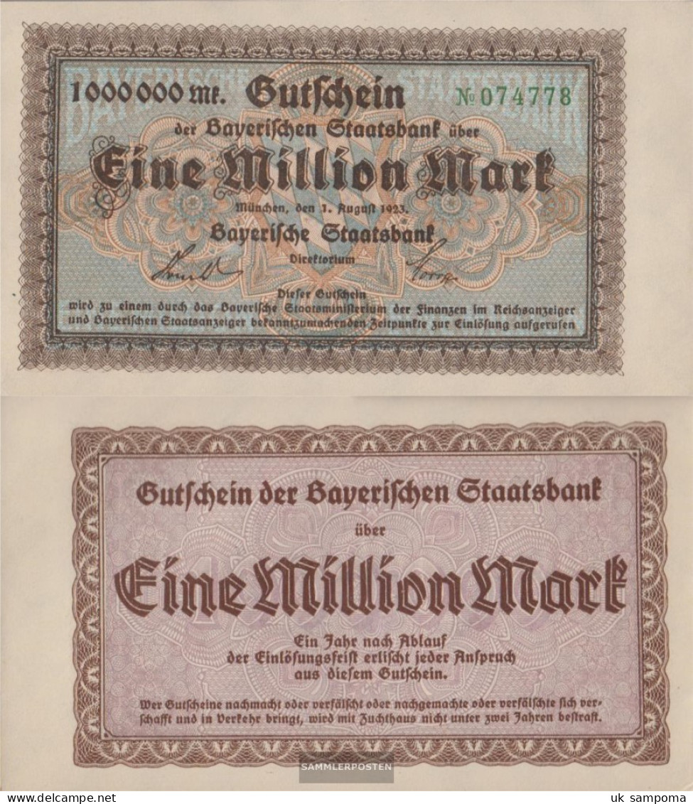 Bavaria Inflationsgeld Bavarian Staatsbank Uncirculated 1923 1 One Million Mark - 1 Miljoen Mark