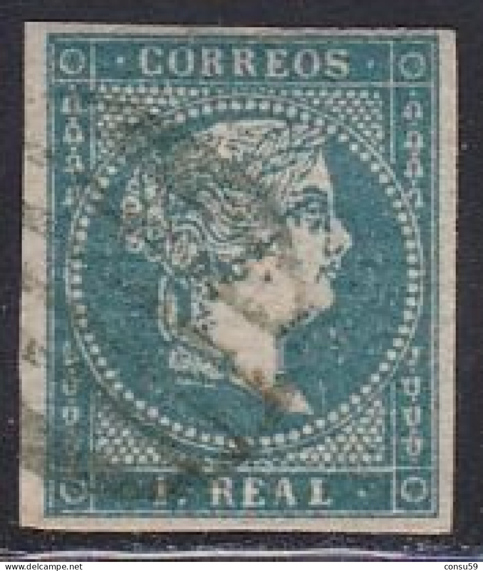 1855-ED. 45 ISABEL II FILIGRANA LINEAS CRUZADAS 1 REAL AZUL VERDOSO-USADO PARRILLA NEGRA-MARQUILLADO - Usados