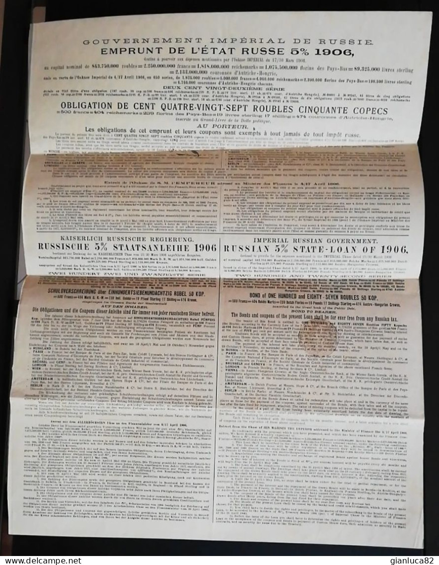 Bond 1906 Al 5% Antico Stato Imperiale Russia 187.50 Rubli (19) Come Foto Ripiegato Con Pieghe Tecniche 40,0 X 30,0 Cm - Russie