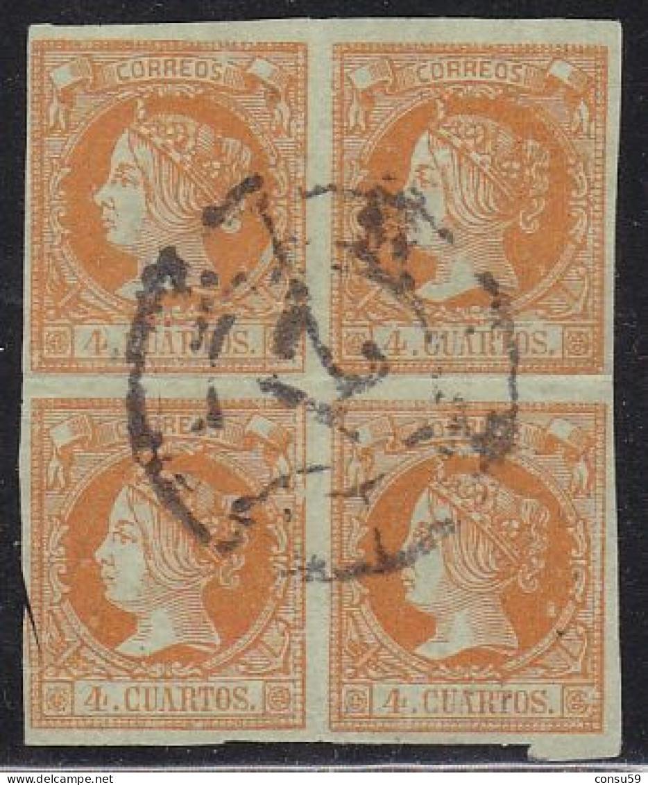 1860-ED. 52 EN BLOQUE DE 4 -ISABEL II - 4 CUARTOS NARANJA - USADO RUEDA DE CARRETA DE BURGOS-VER FOTOS - Usados