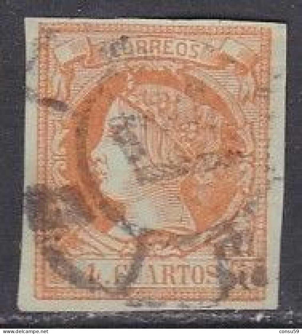 1860-ED. 52 ISABEL II - 4 CUARTOS NARANJA - USADO RUEDA DE CARRETA DE ALMERIA - Usados